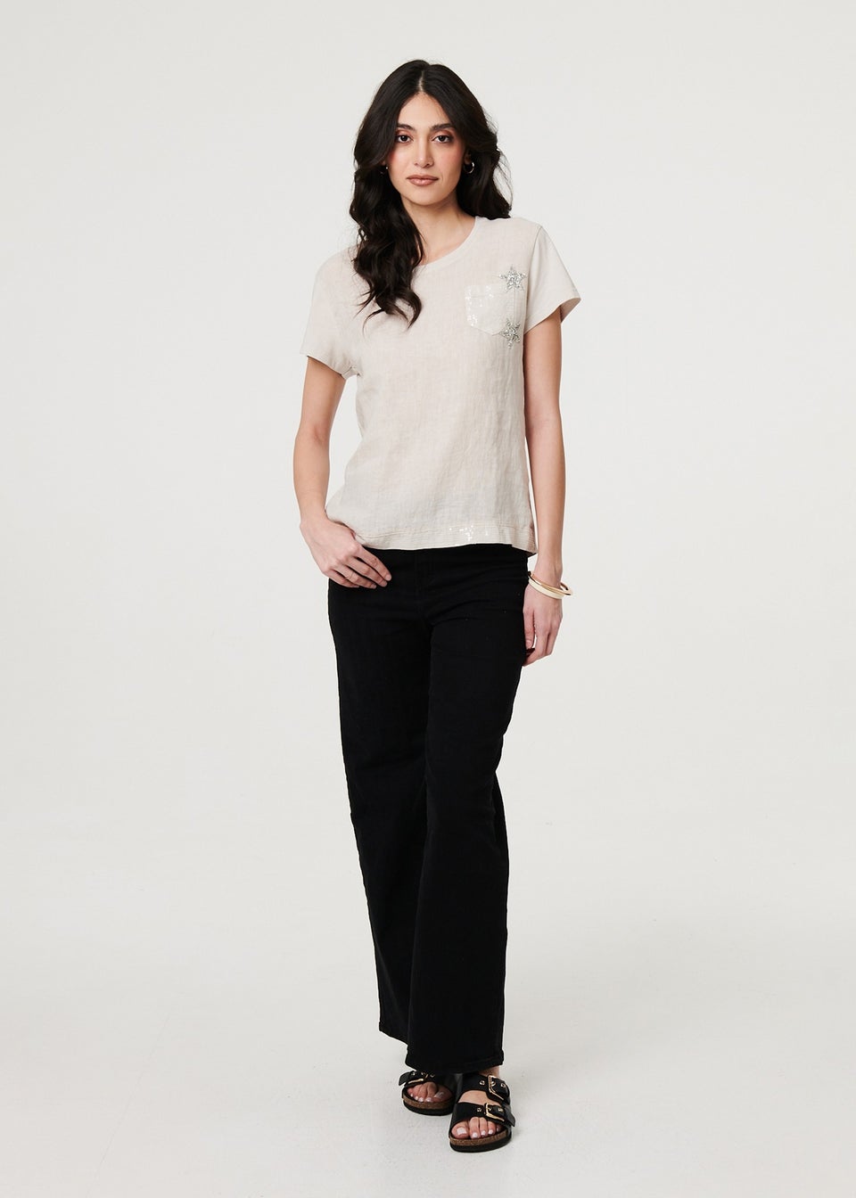 Izabel London Beige Metallic Star Detail Relaxed T Shirt