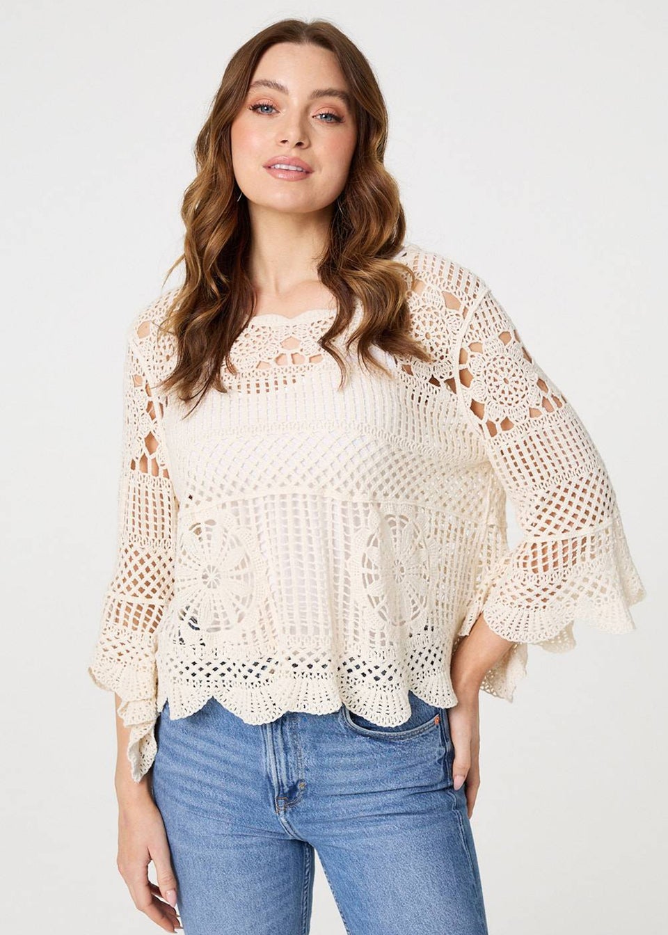 Izabel London Cream Crochet Lace 3/4 Sleeve Top
