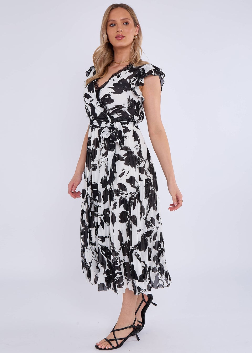 Gini London Black/White Lace Trim Mono Pleated Wrap Midi Dress