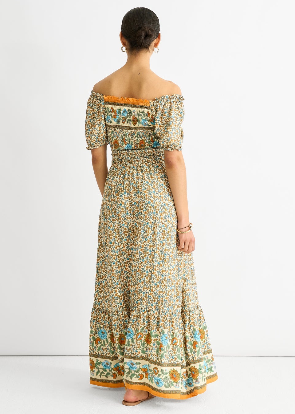 Gini London Beige Viscose Border Print Shirred Maxi Dress