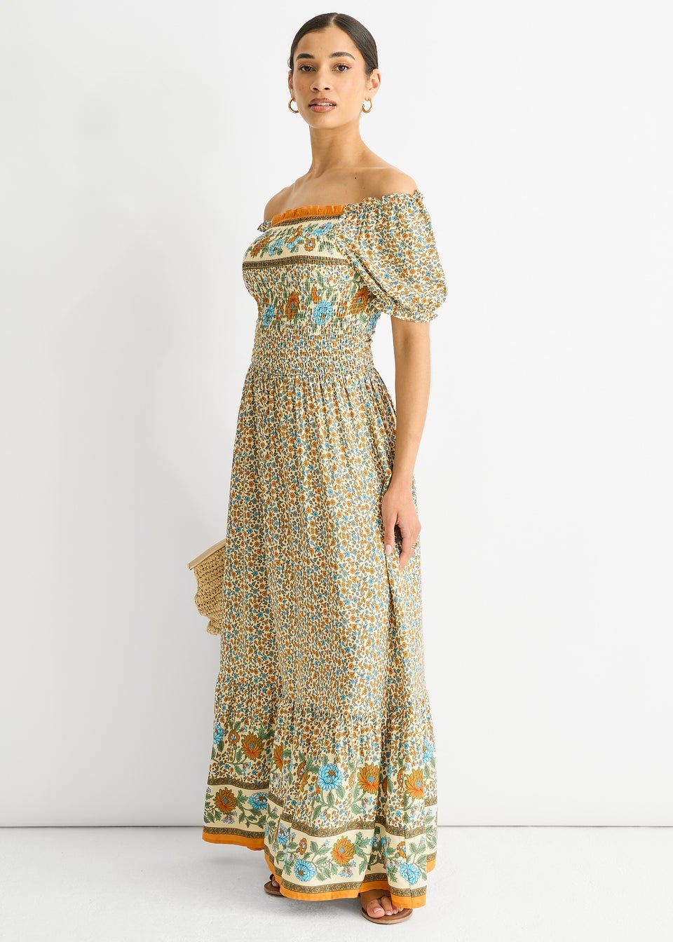 Gini London Beige Viscose Border Print Shirred Maxi Dress
