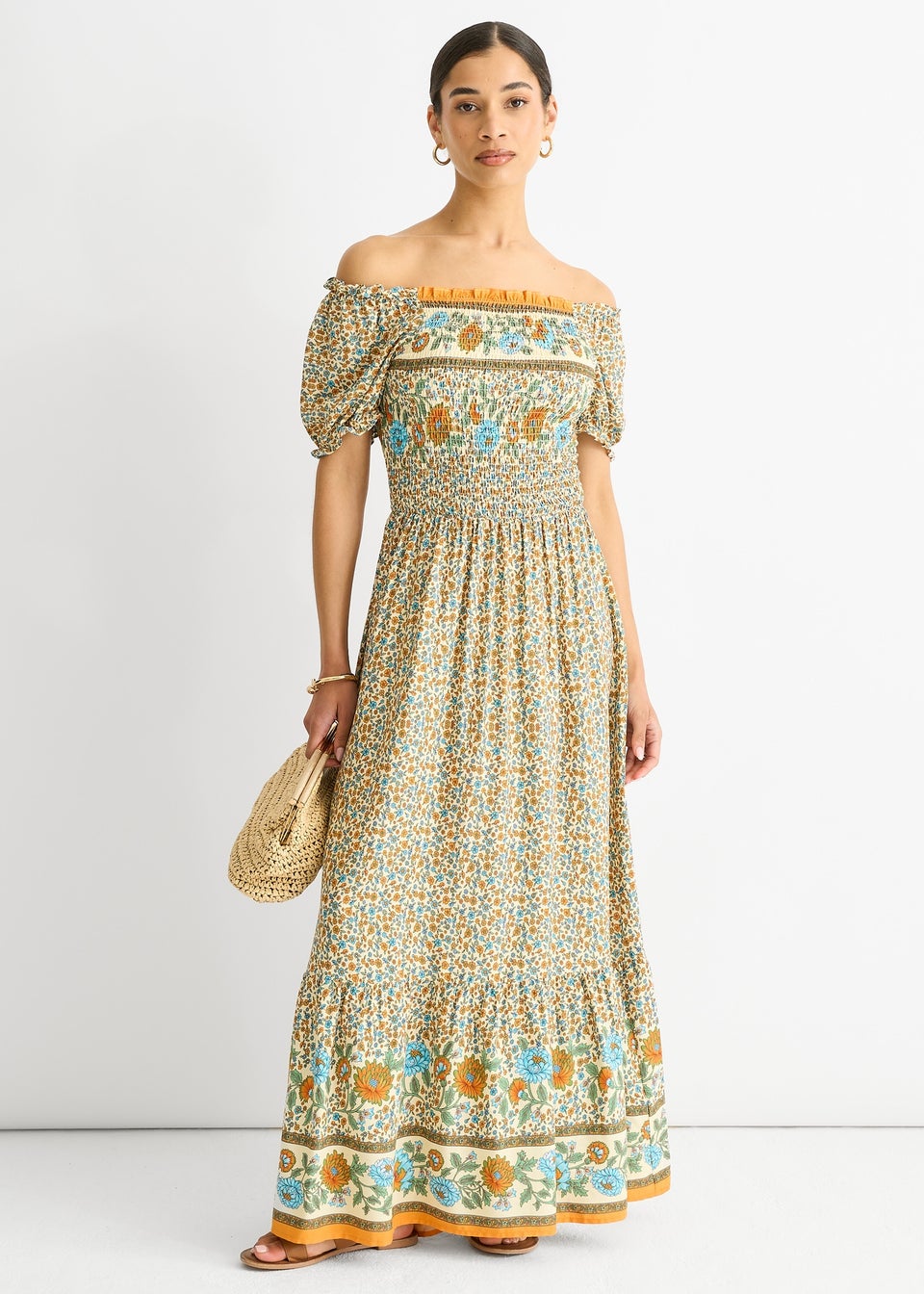 Gini London Beige Viscose Border Print Shirred Maxi Dress