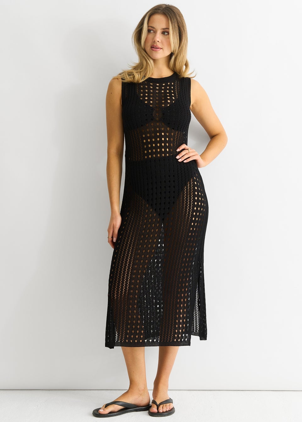 Gini London Black Crochet Knit Bodycon Midi Dress