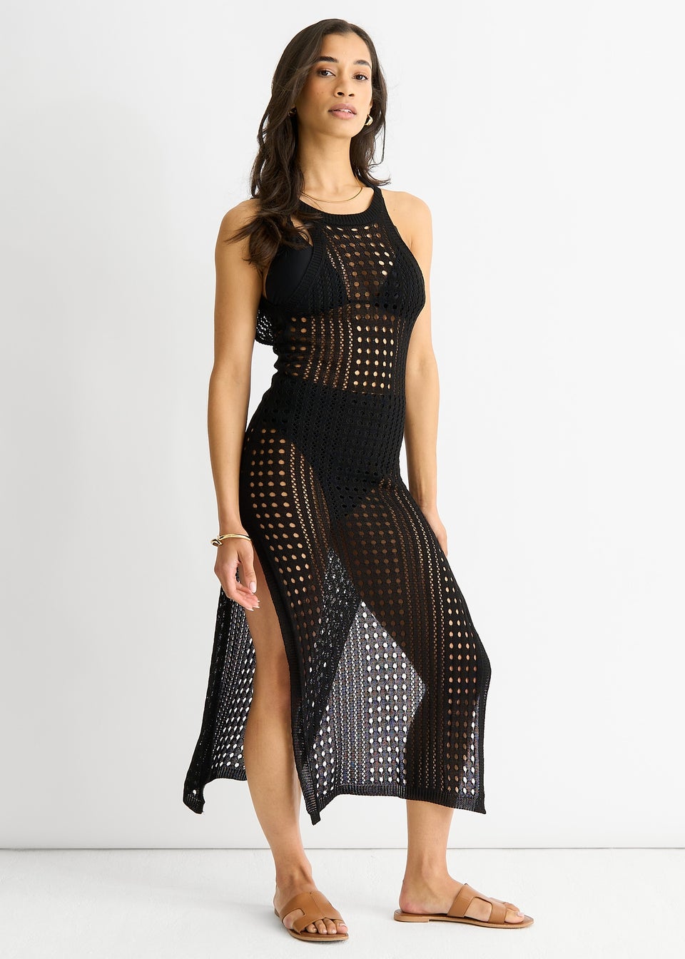 Gini London Black  Crochet Knit Bodycon Slit Dress