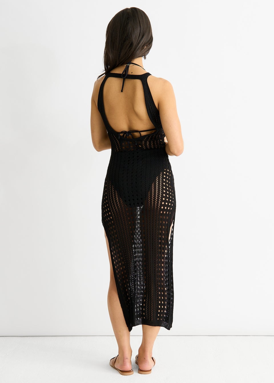 Gini London Black  Crochet Knit Bodycon Slit Dress