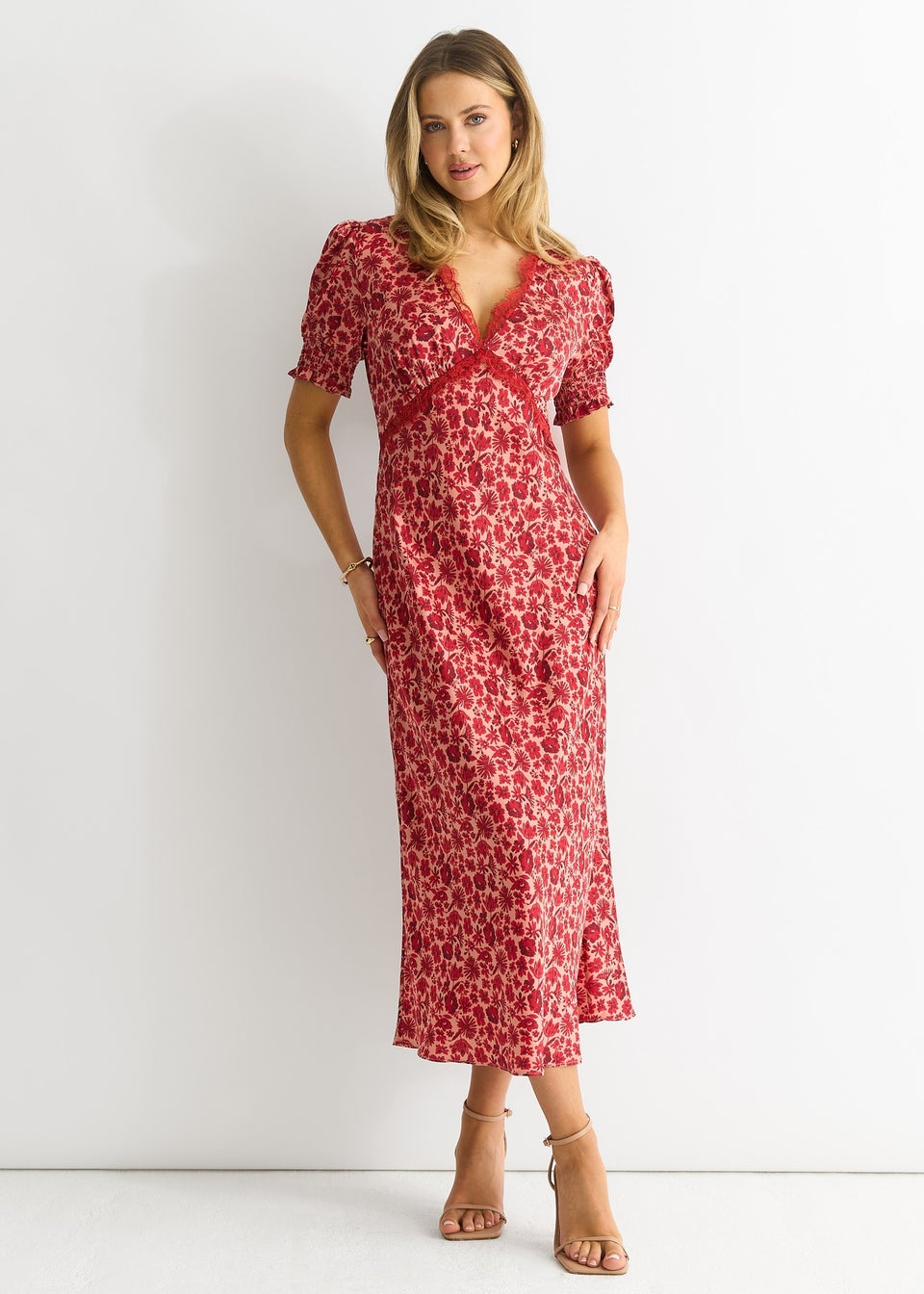 Gini London Red Floral Lace Trim V Neck Midi Dress