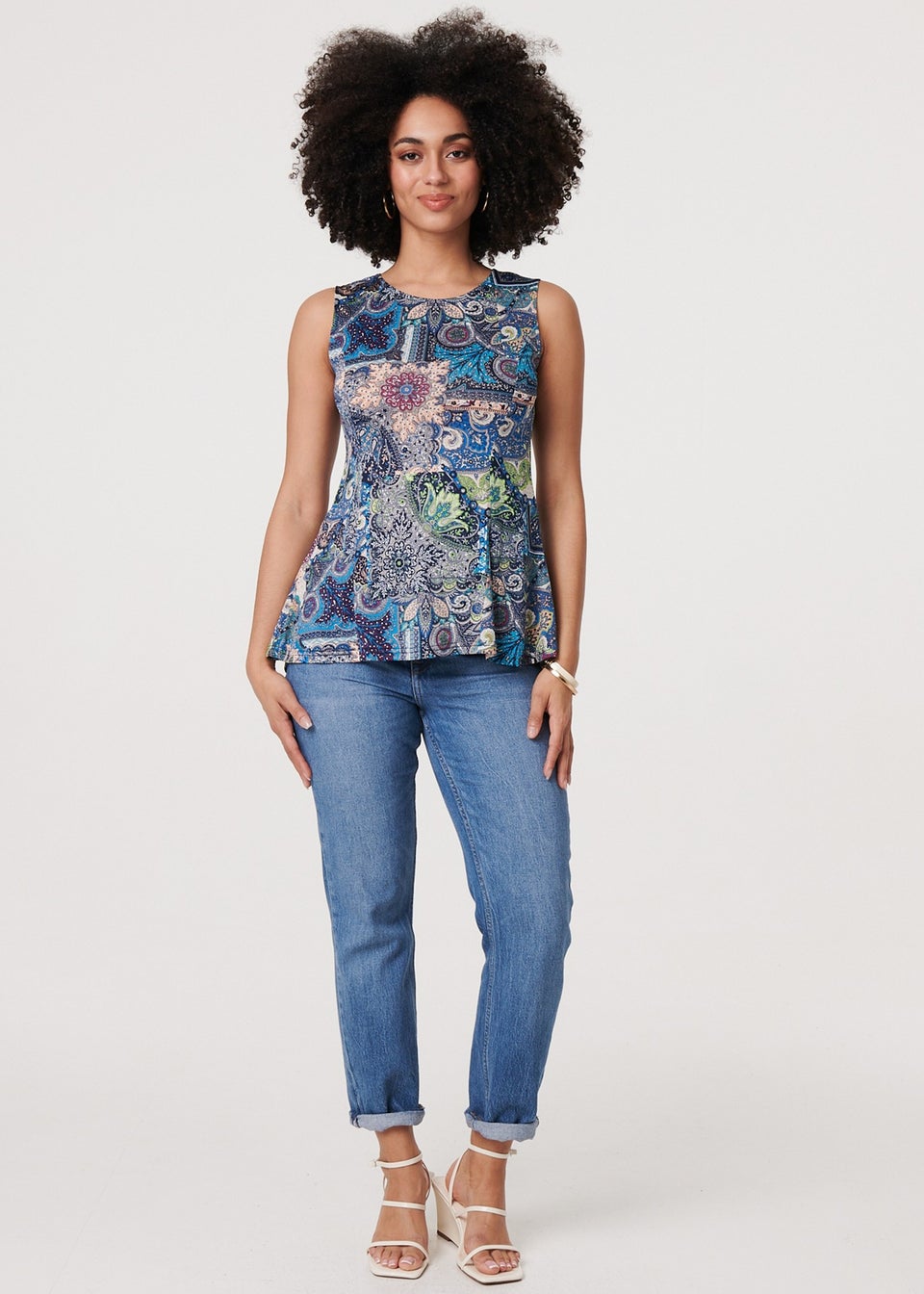Izabel London Blue Paisley Sleeveless Round Neck Top