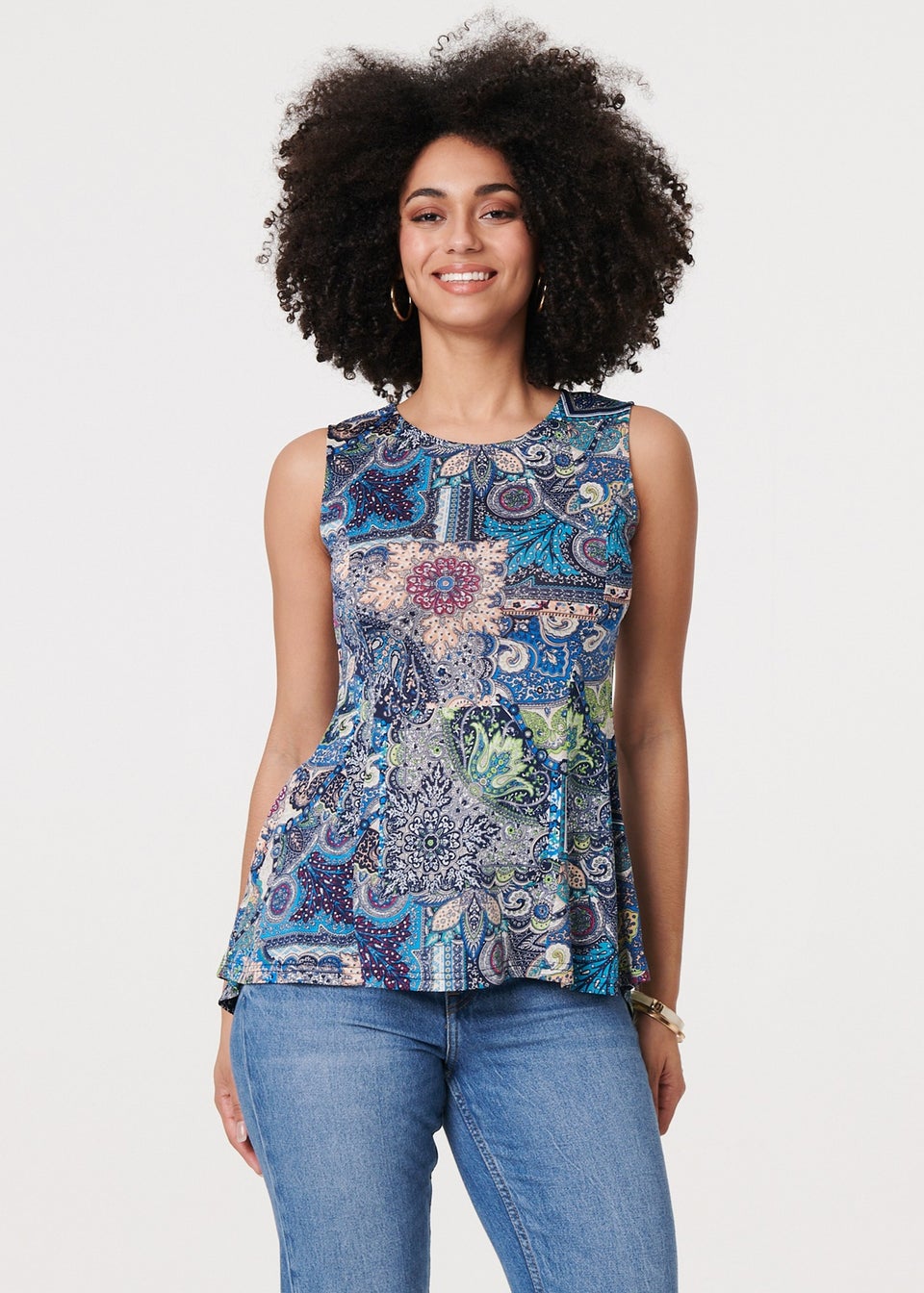 Izabel London Blue Paisley Sleeveless Round Neck Top