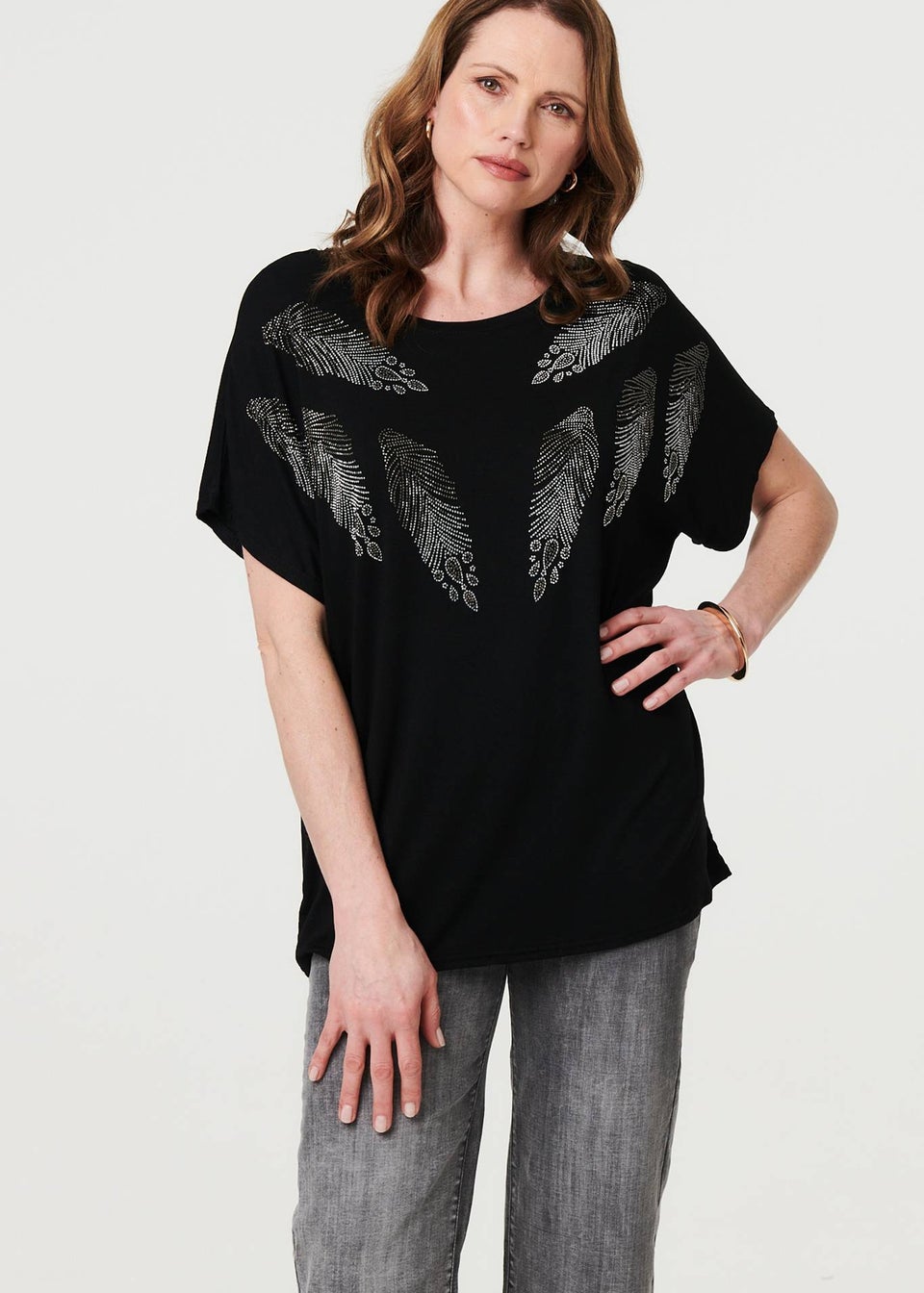 Izabel London Black Sparkly Feather Print Relaxed T-Shirt