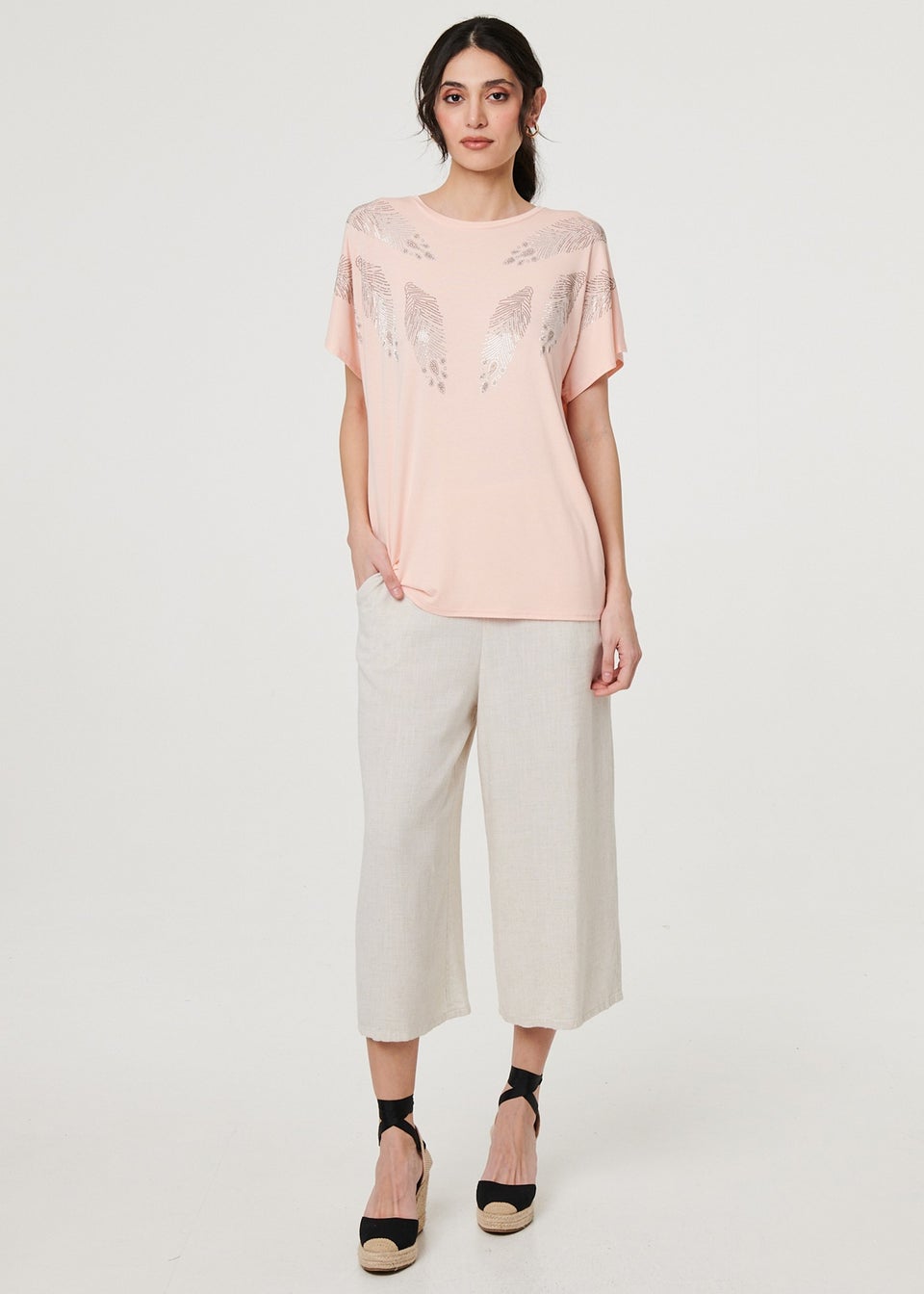 Izabel London Pink Sparkly Feather Print Relaxed T-Shirt