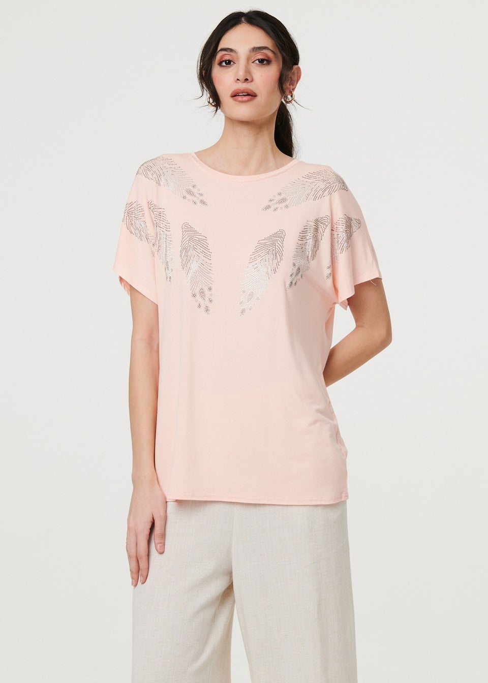 Izabel London Pink Sparkly Feather Print Relaxed T-Shirt