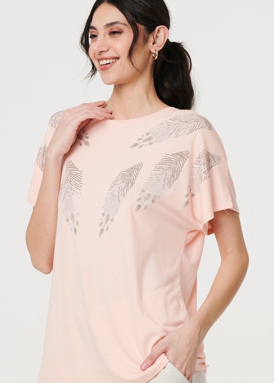 Izabel London Pink Sparkly Feather Print Relaxed T-Shirt