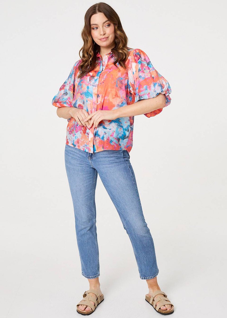 Izabel London Orange Abstract Print 1/2 Sleeve Shirt