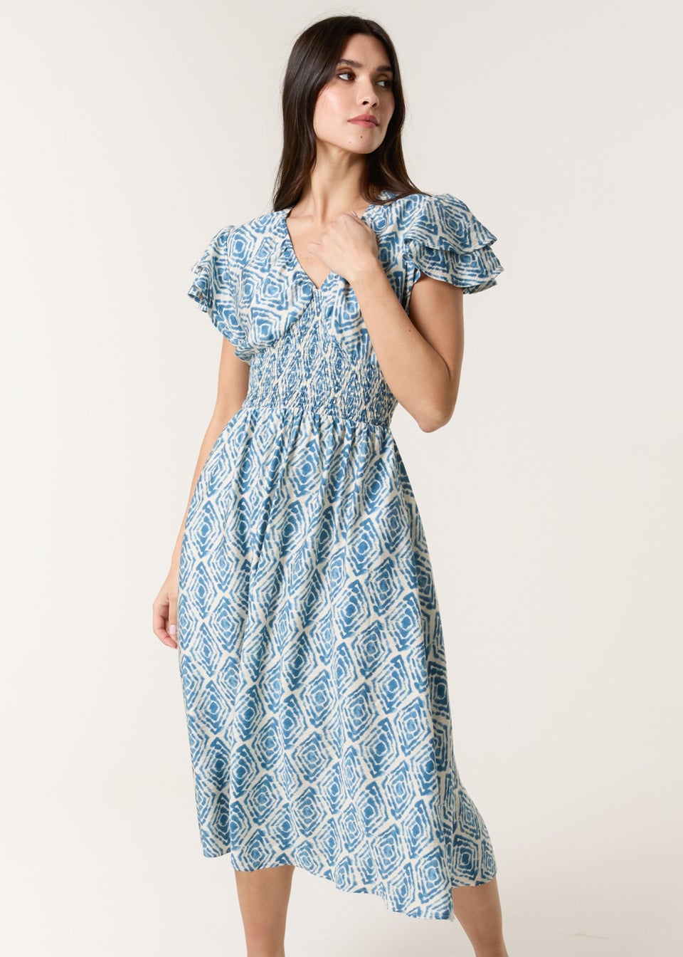 Blue Vanilla Blue Double Frill Shirred Midi Dress