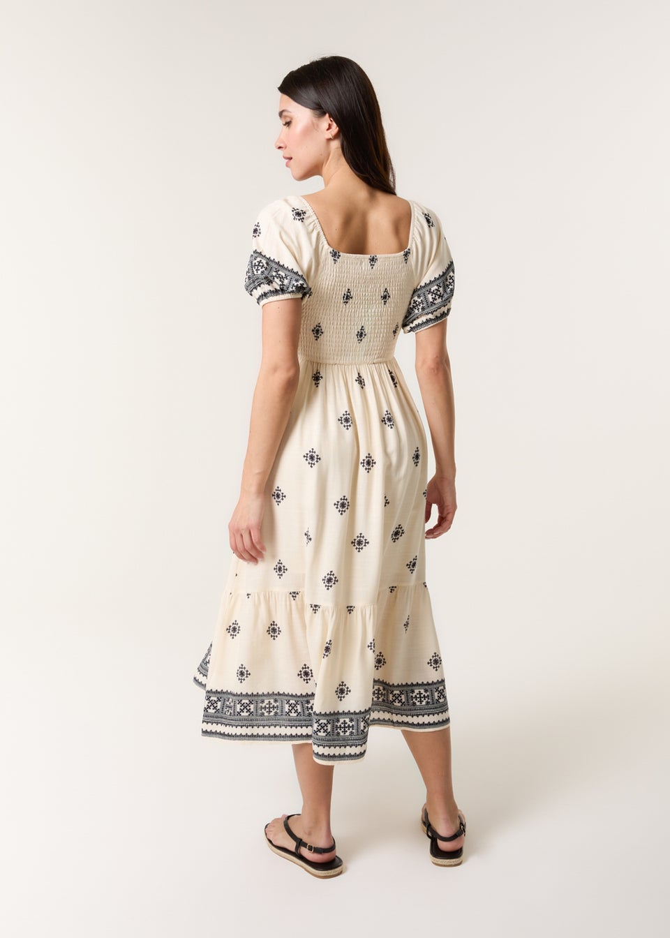 Blue Vanilla Cream Shirred Square Neck Border Print Puff Sleeve Midi Dress