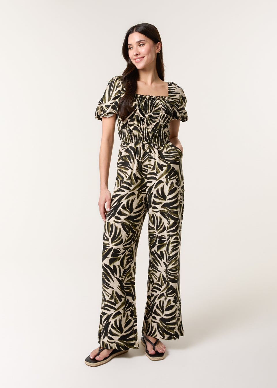 Blue Vanilla Khaki Palm Print Jumpsuit