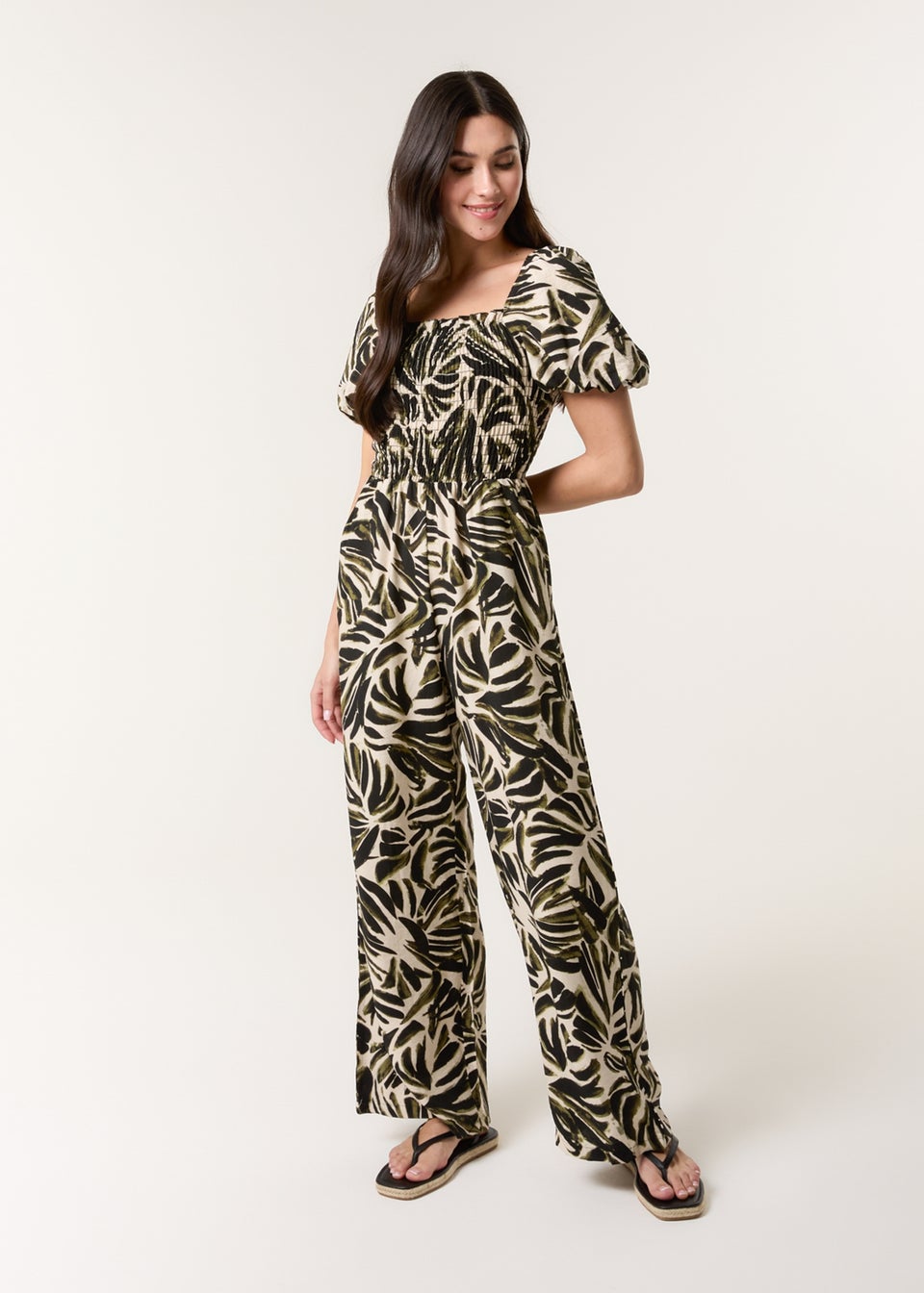 Blue Vanilla Khaki Palm Print Jumpsuit