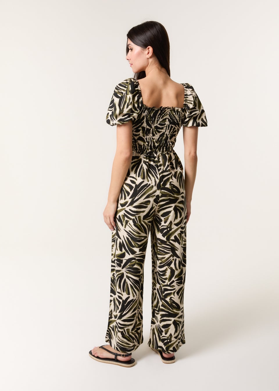 Blue Vanilla Khaki Palm Print Jumpsuit