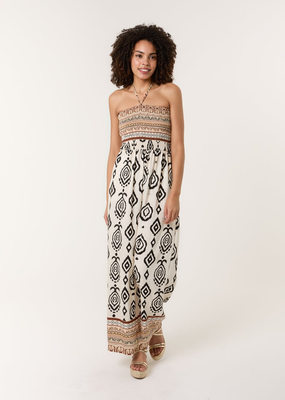 Blue Vanilla Stone Print Strapless Bandeau Shirred Jumpsuit