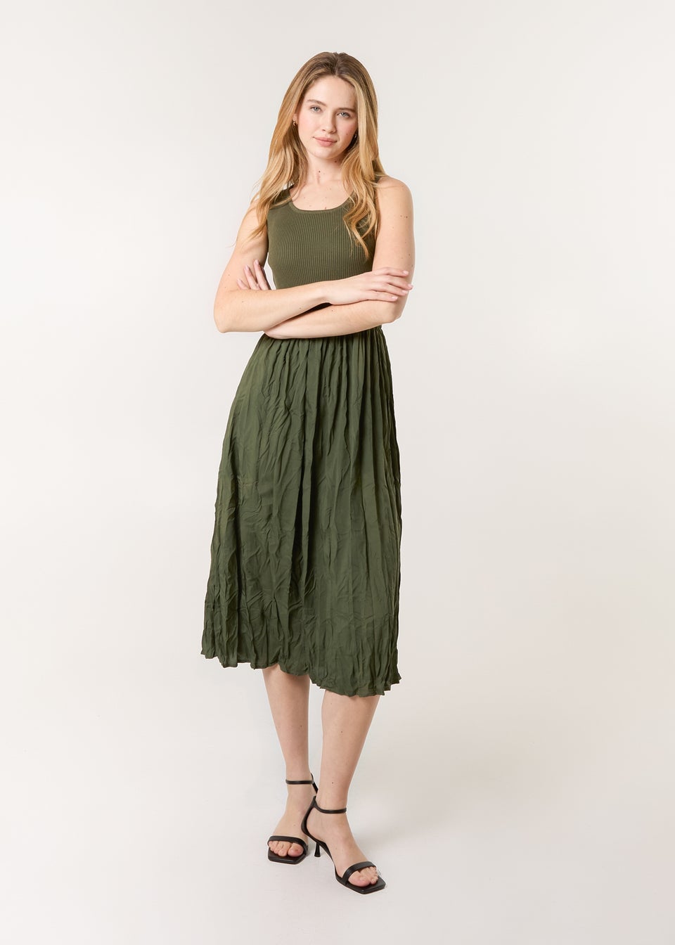 Blue Vanilla Khaki Round Neck Crinkled Dress