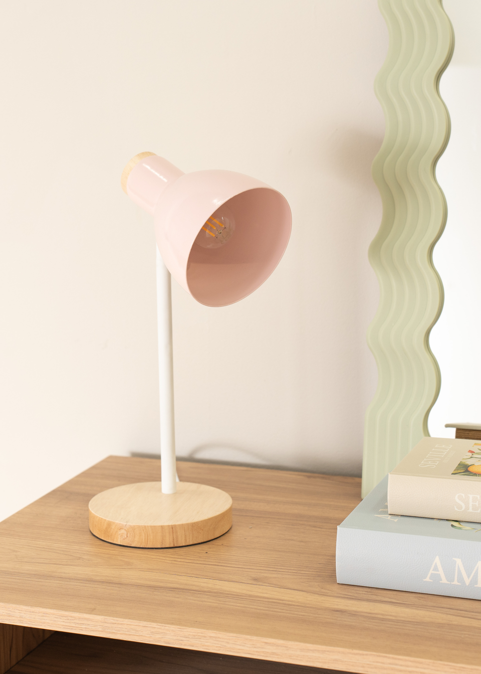 ValueLights Woody  Pink Table Lamp with Tapered Shade (36cm x 19cm x 14cm)