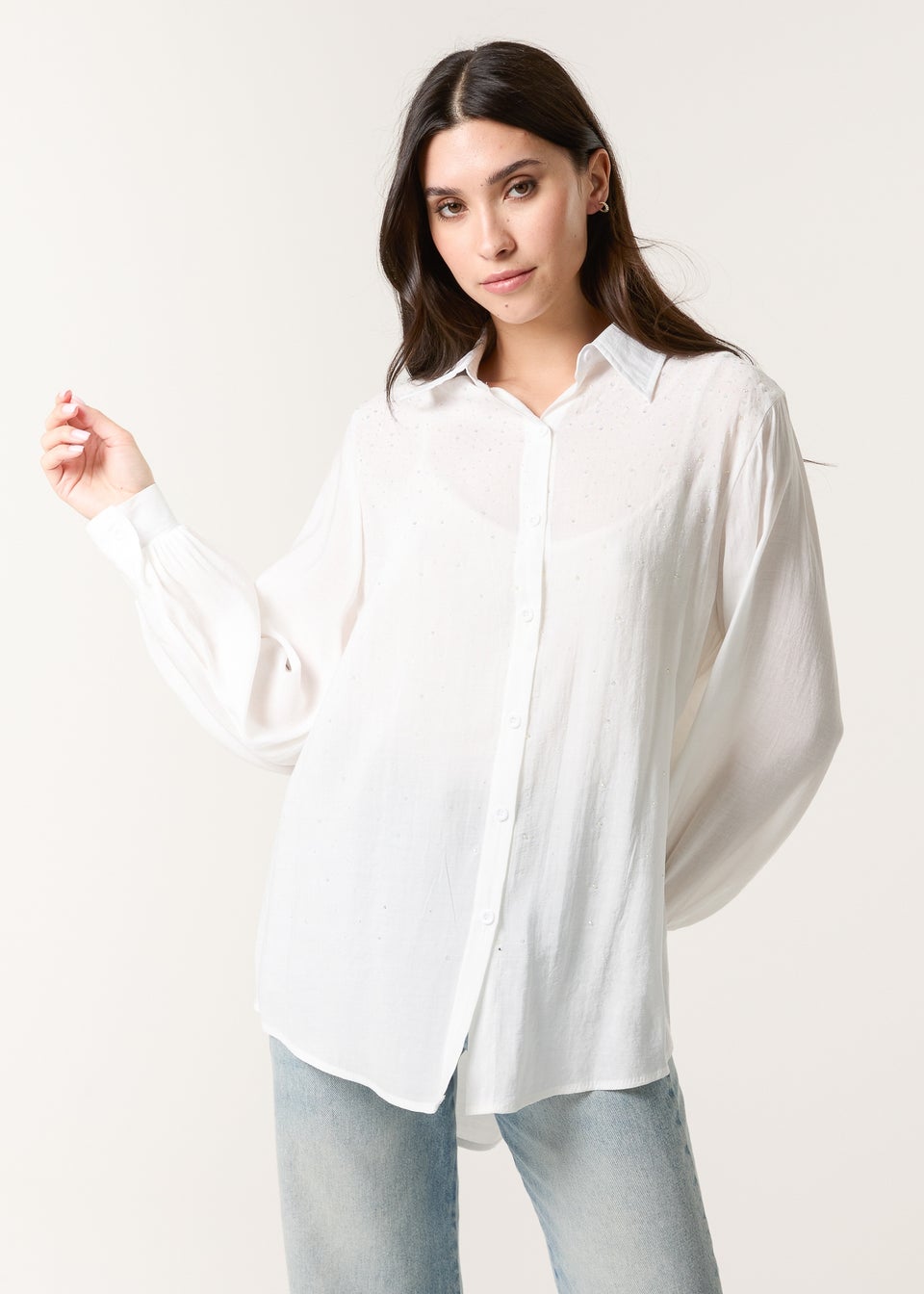 Blue Vanilla White Diamante Detailed Classic Shirt