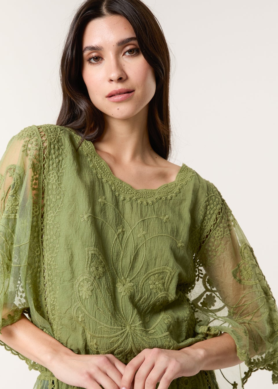 Blue Vanilla Khaki Floral Lace Butterfly Sleeve Blouse