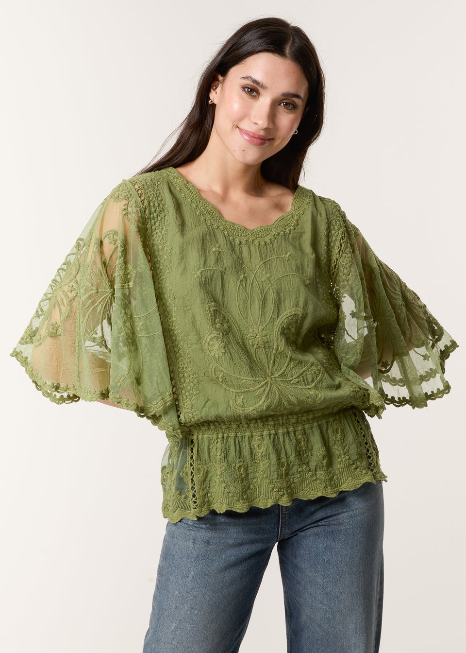 Blue Vanilla Khaki Floral Lace Butterfly Sleeve Blouse