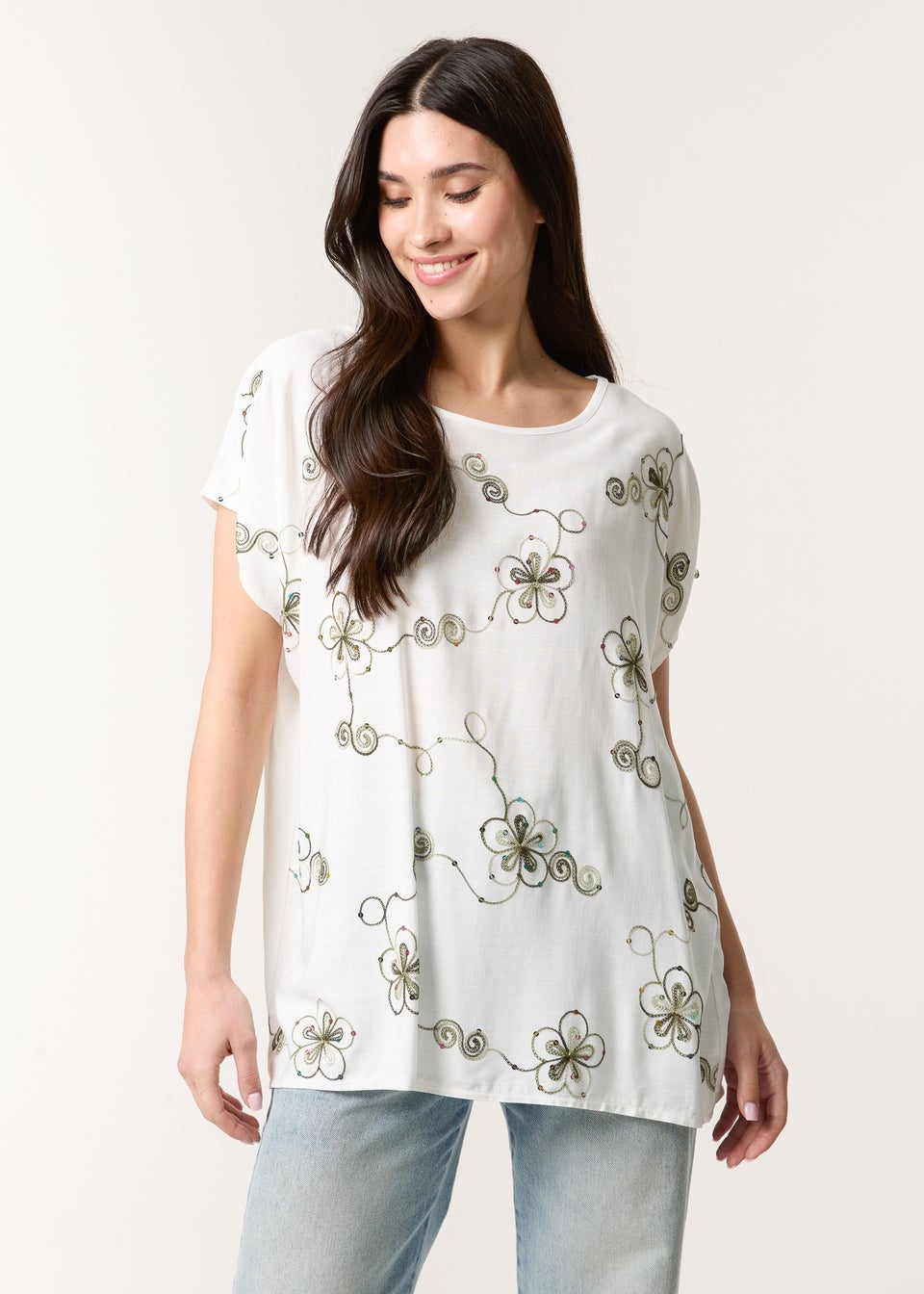 Blue Vanilla Khaki Embroidered Flower Top