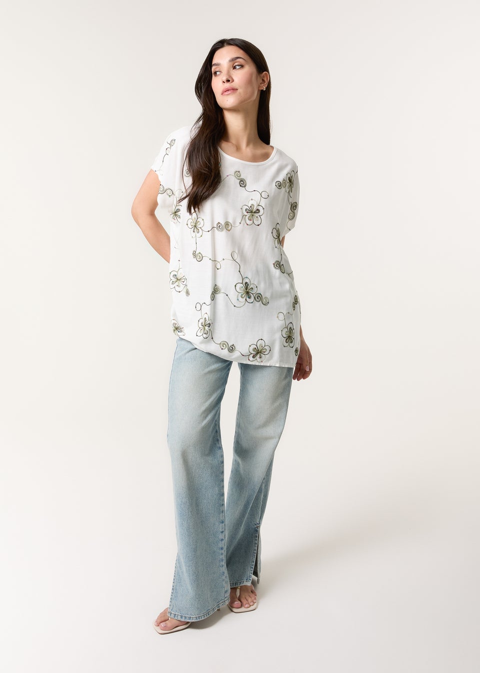 Blue Vanilla Khaki Embroidered Flower Top