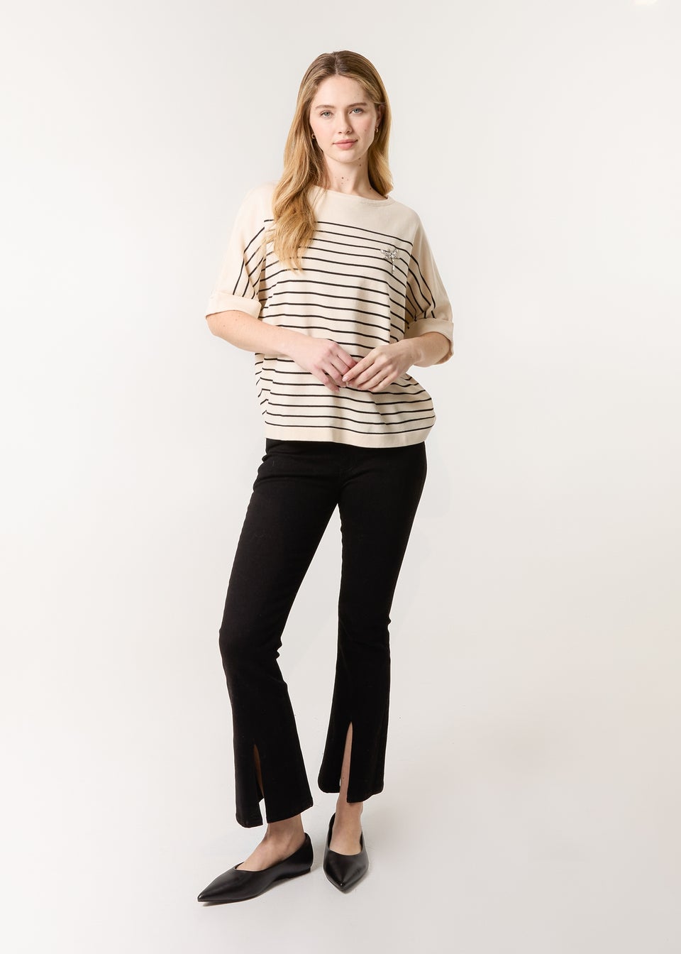 Blue Vanilla Stone Horizontal Striped Top With Brooch