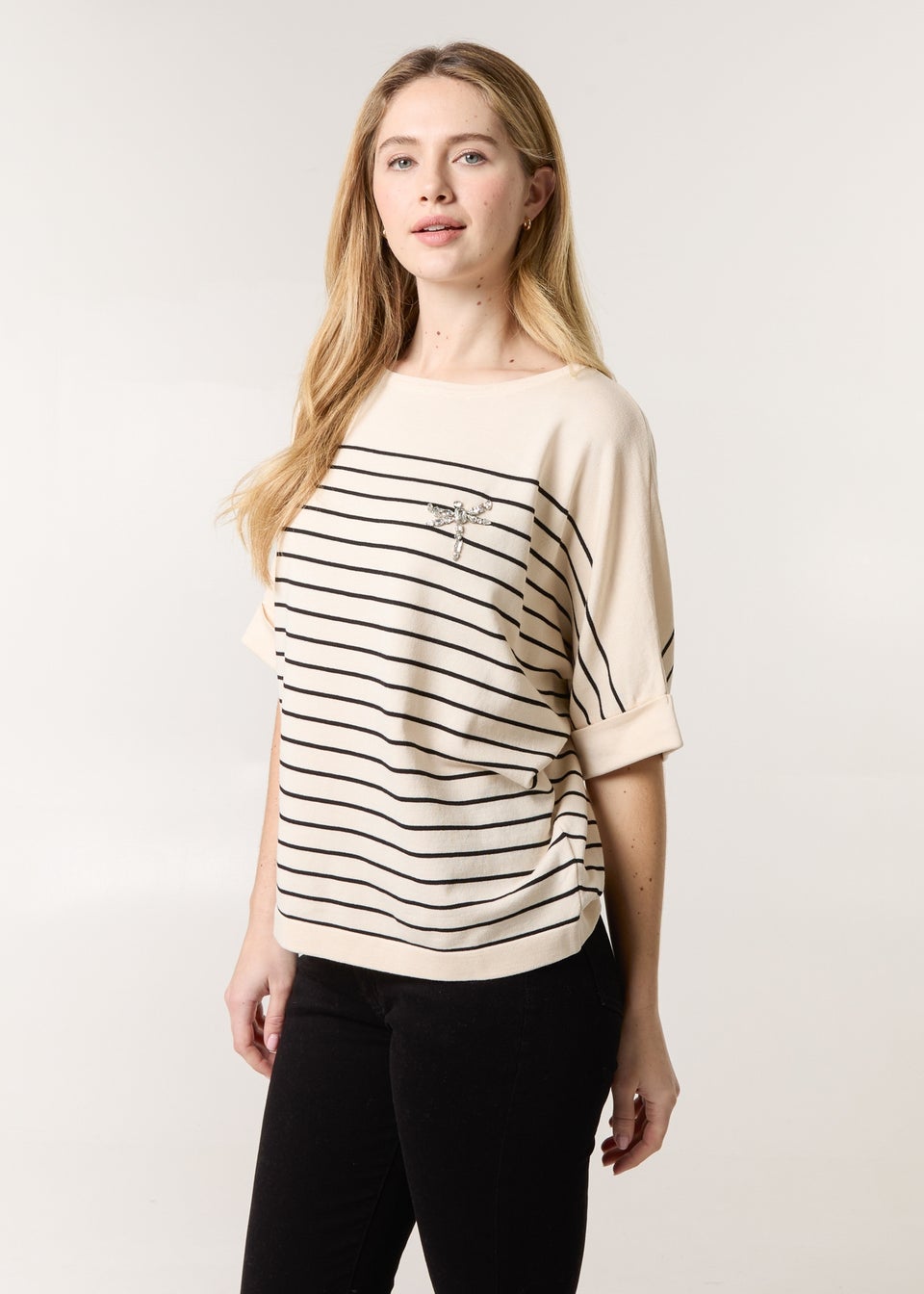 Blue Vanilla Stone Horizontal Striped Top With Brooch
