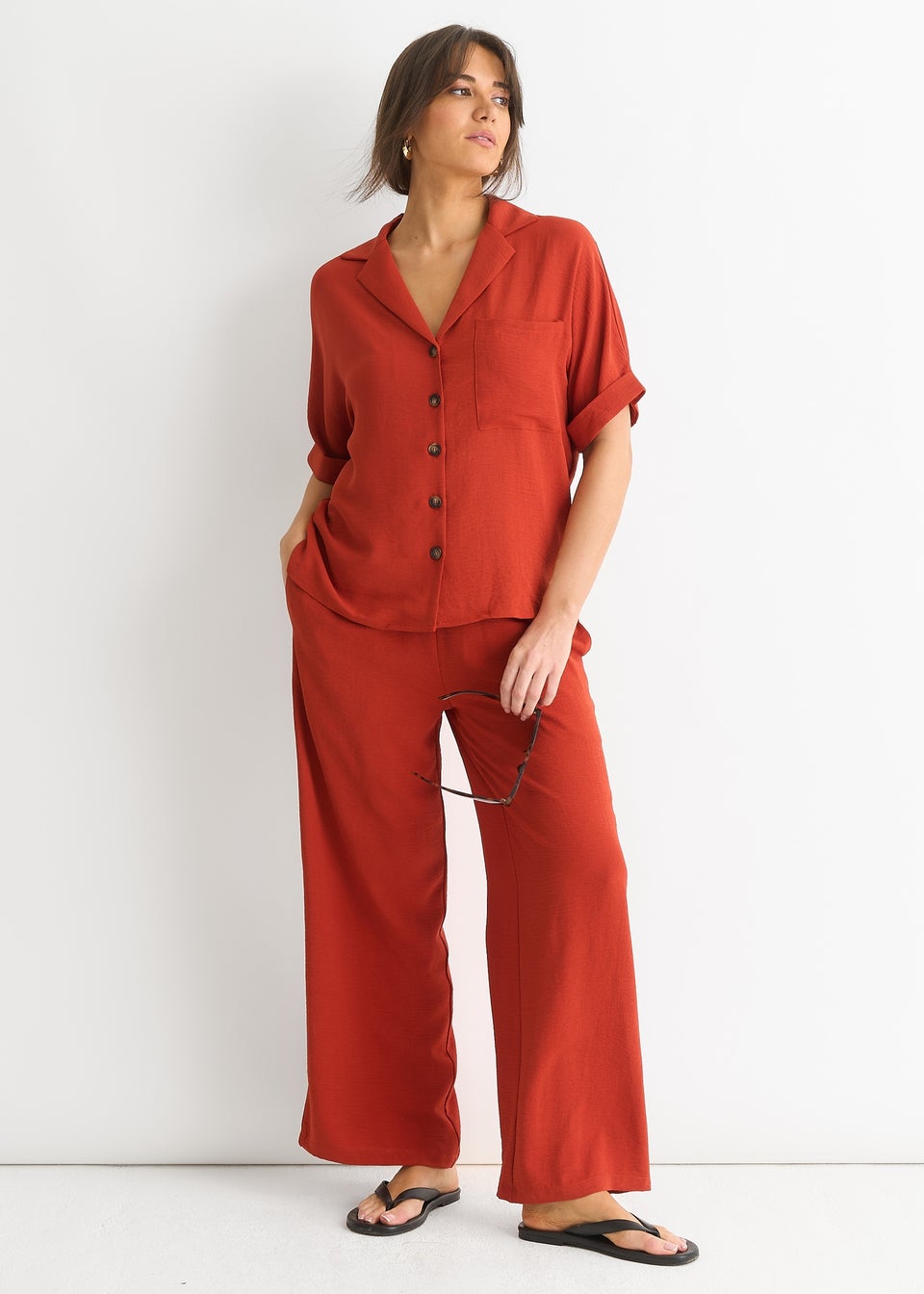 Gini London Rust Elastic Waist Wide Leg Trousers