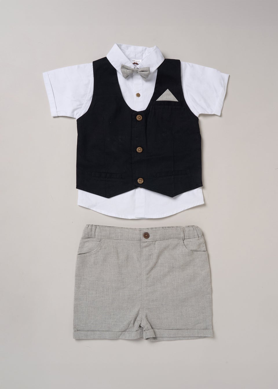 Little Gent Black Shirt with Mock Waistcoat Shorts & Bowtie Outfit Set (2-4 yrs)