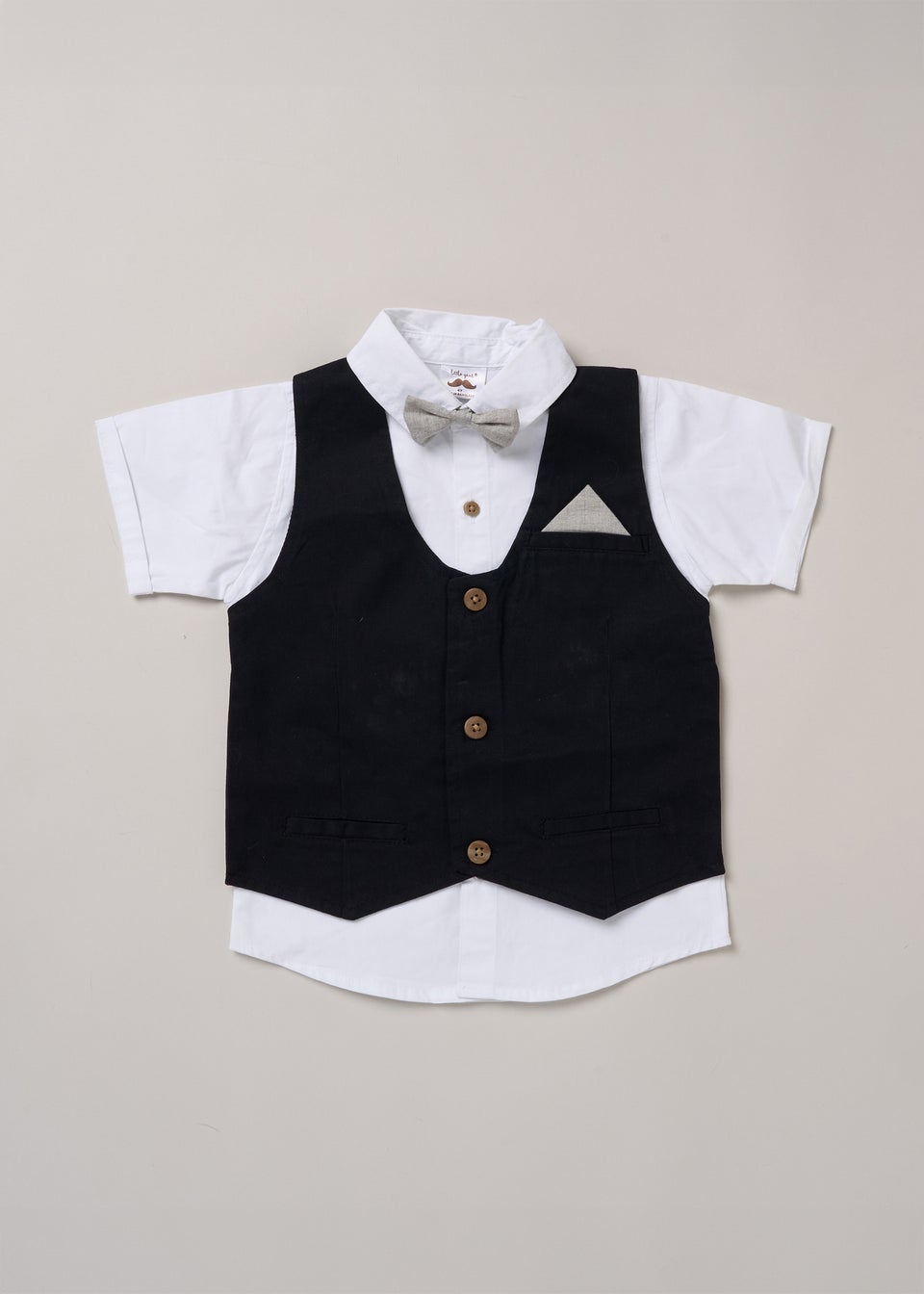 Little Gent Black Shirt with Mock Waistcoat Shorts & Bowtie Outfit Set (2-4 yrs)