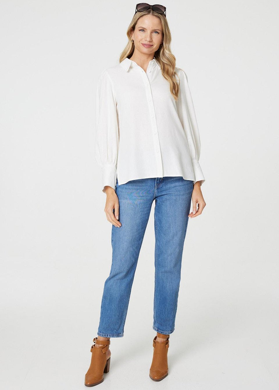 Izabel London White Plain Puff Sleeve Button-Up Shirt