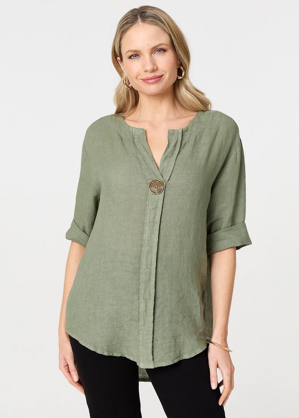 Izabel London Khaki Button Detail V-Neck Blouse