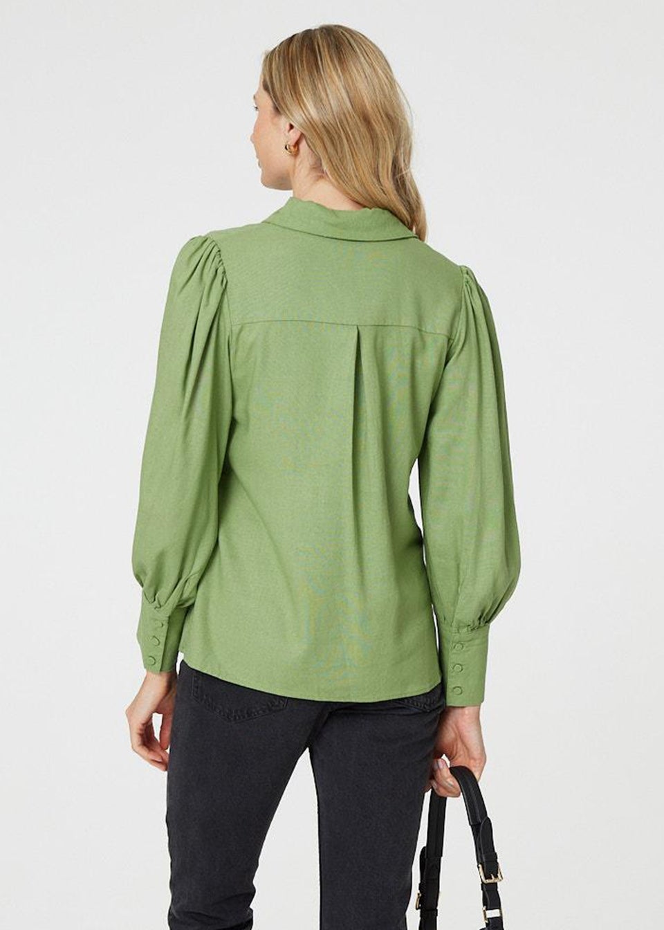 Izabel London Sage Plain Puff Sleeve Button-Up Shirt