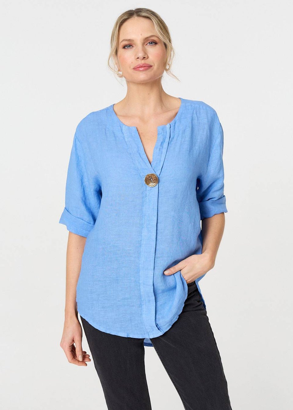 Izabel London Blue Button Detail V-Neck Blouse