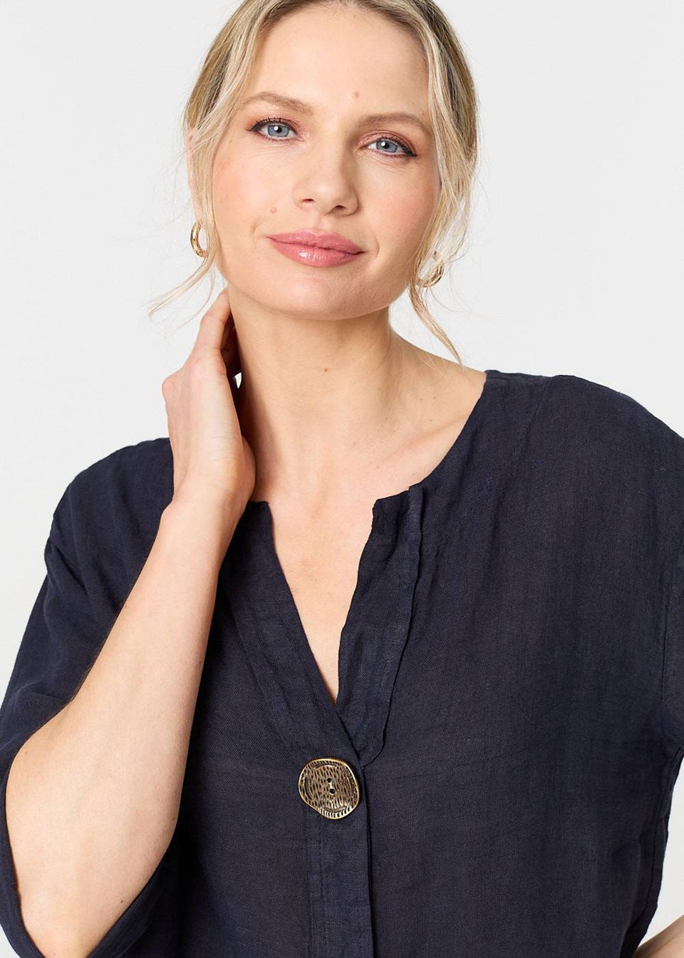 Izabel London Navy Button Detail V-Neck Blouse
