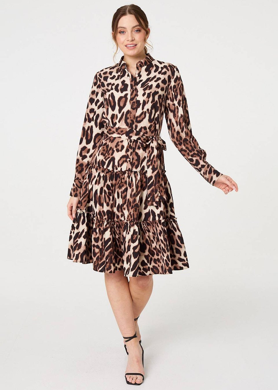 Izabel London Beige Animal Print Tiered Short Shirt Dress