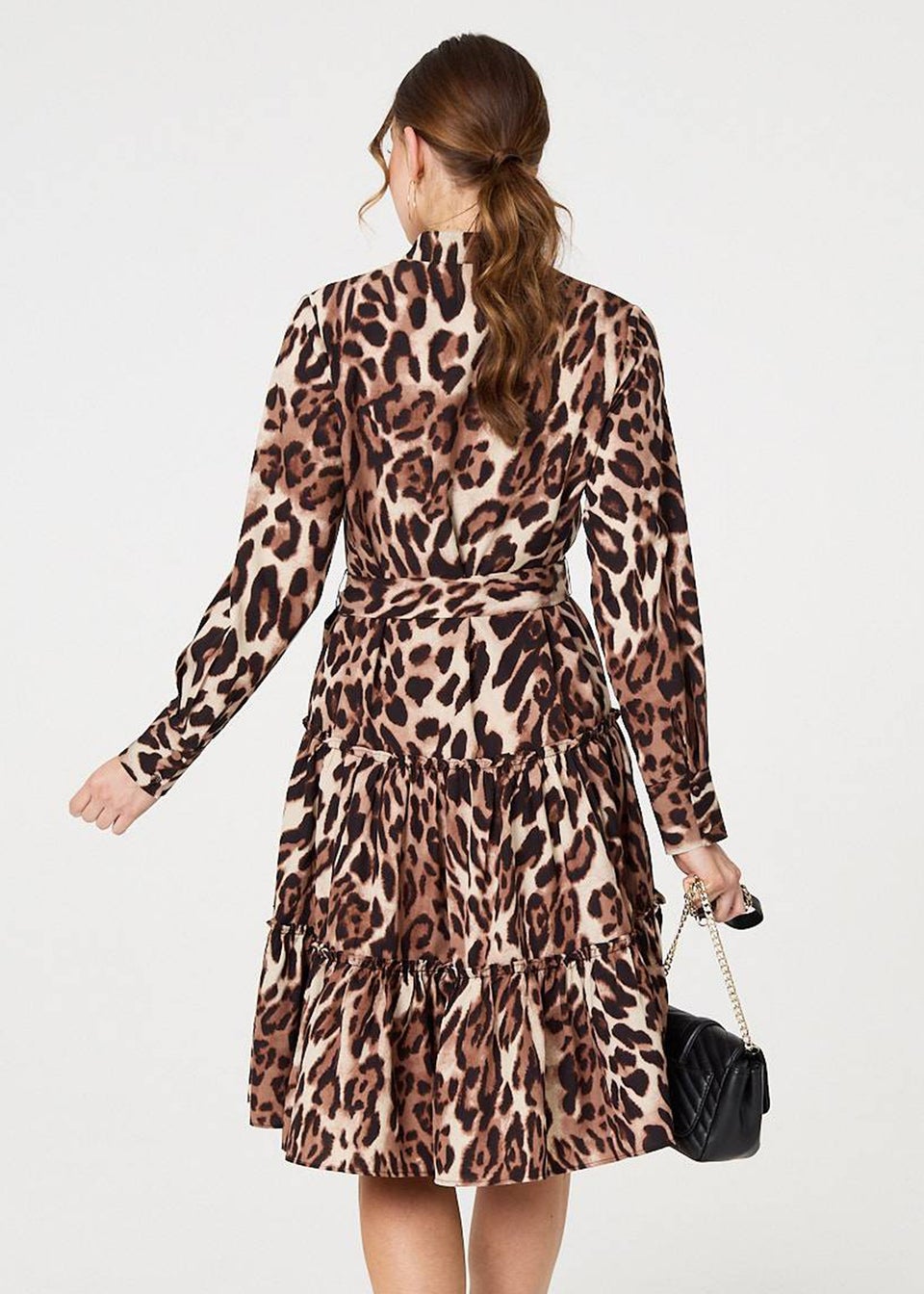 Izabel London Beige Animal Print Tiered Short Shirt Dress