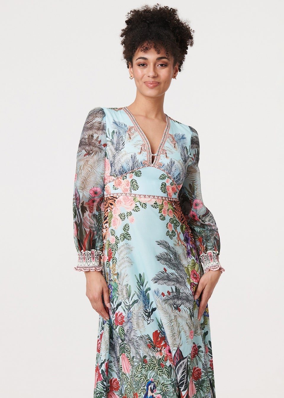 Izabel London Green Tropical Print Empire Waist Midi Dress