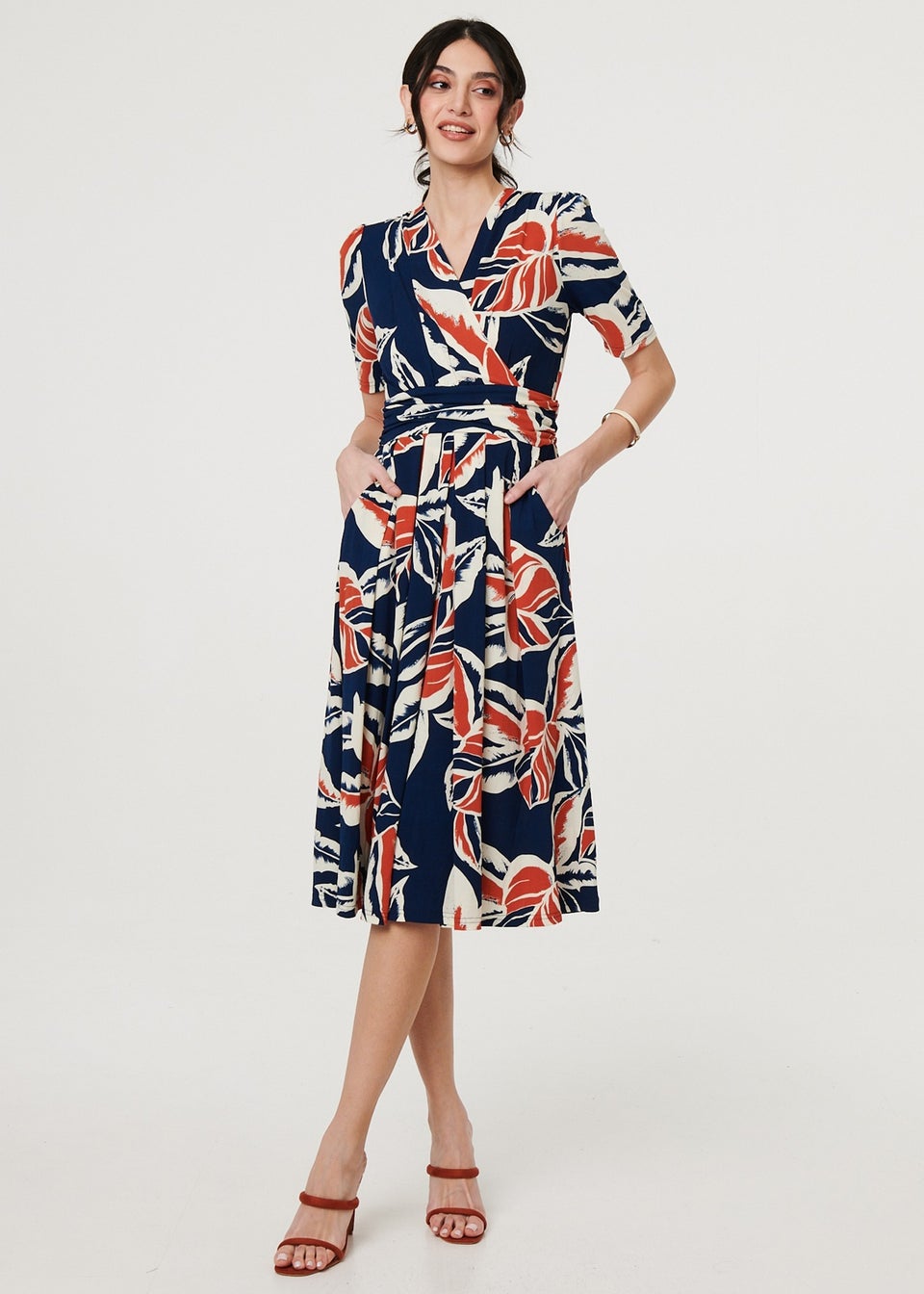 Izabel London Navy Floral V-Neck Pleated Midi Wrap Dress