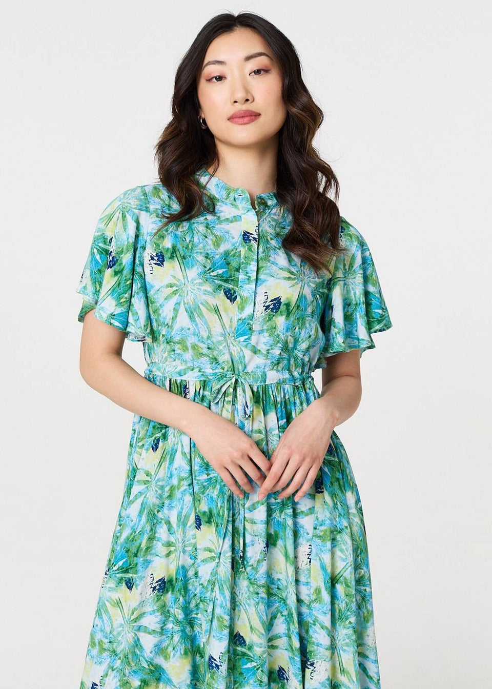 Izabel London Green Leaf Print Tie Waist Pleated Midi Dress