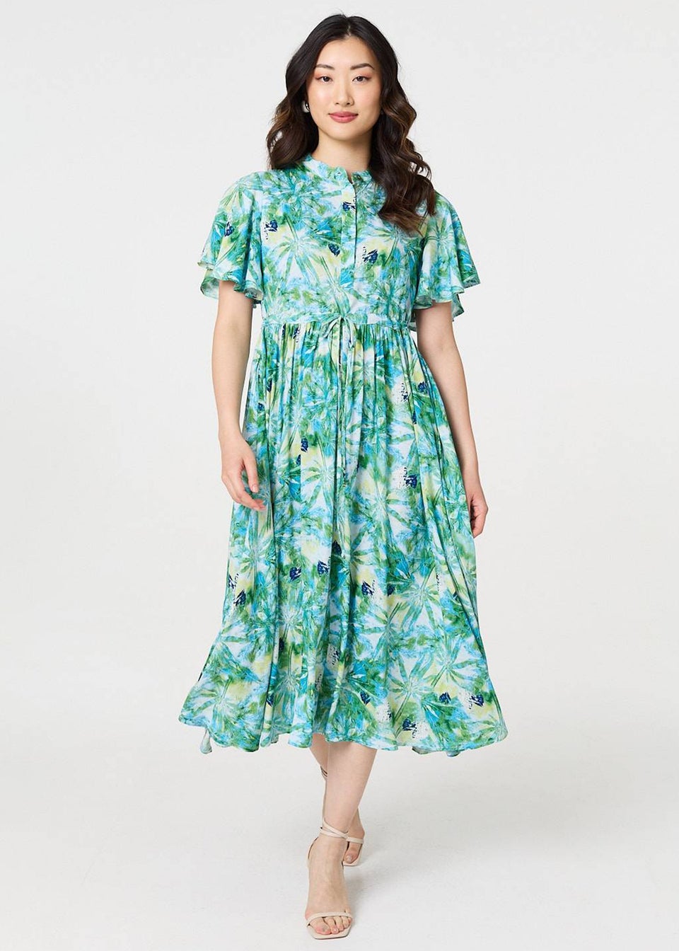 Izabel London Green Leaf Print Tie Waist Pleated Midi Dress