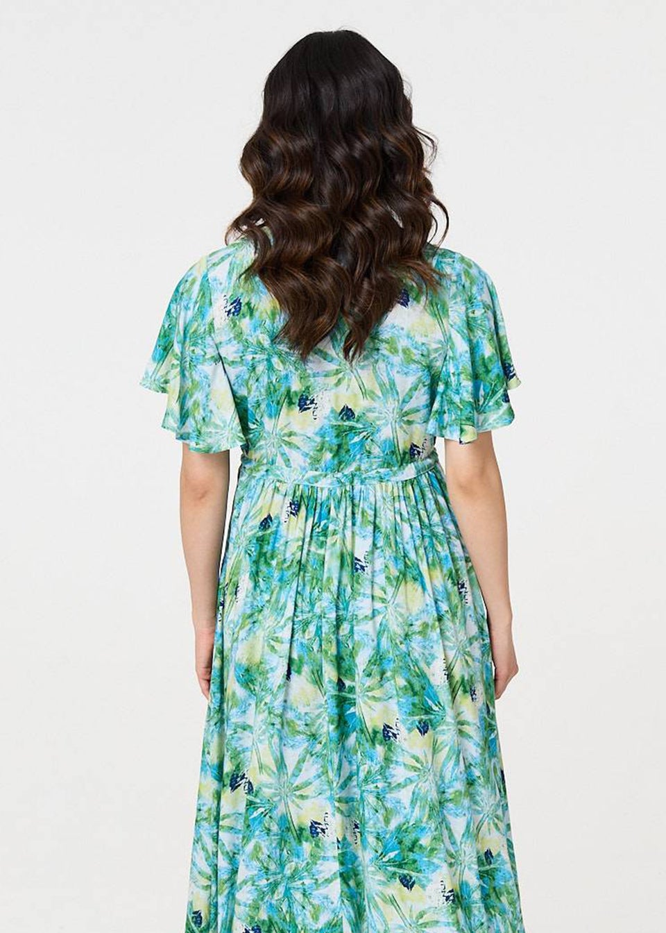 Izabel London Green Leaf Print Tie Waist Pleated Midi Dress