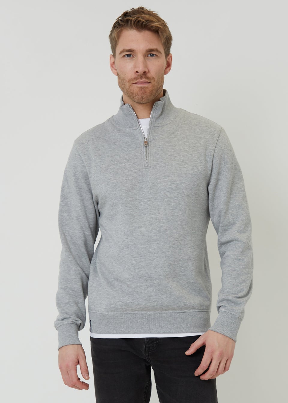 Threadbare Light Grey Mock T-Shirt Quarter Zip Sweatshirt