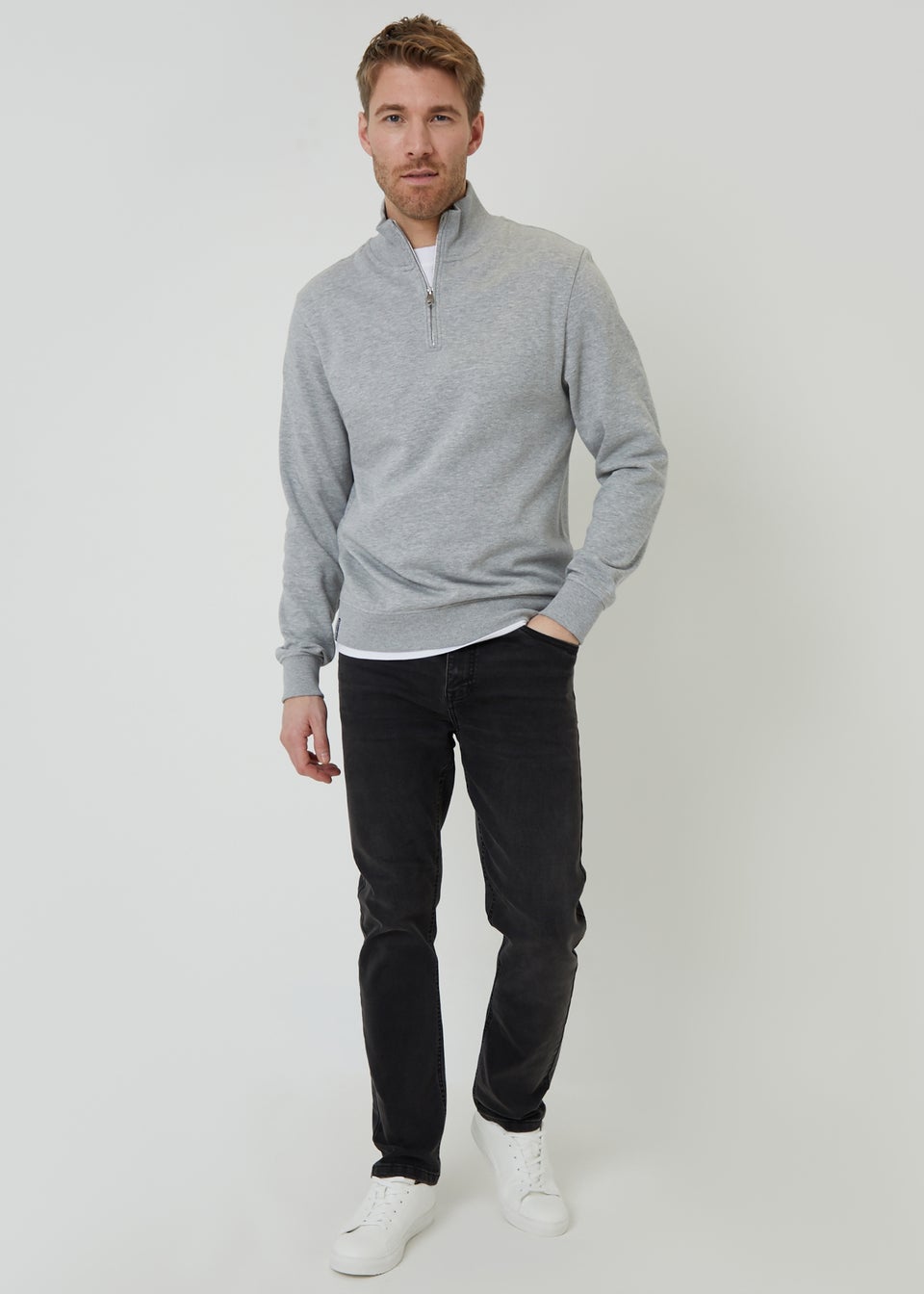 Threadbare Light Grey Mock T-Shirt Quarter Zip Sweatshirt