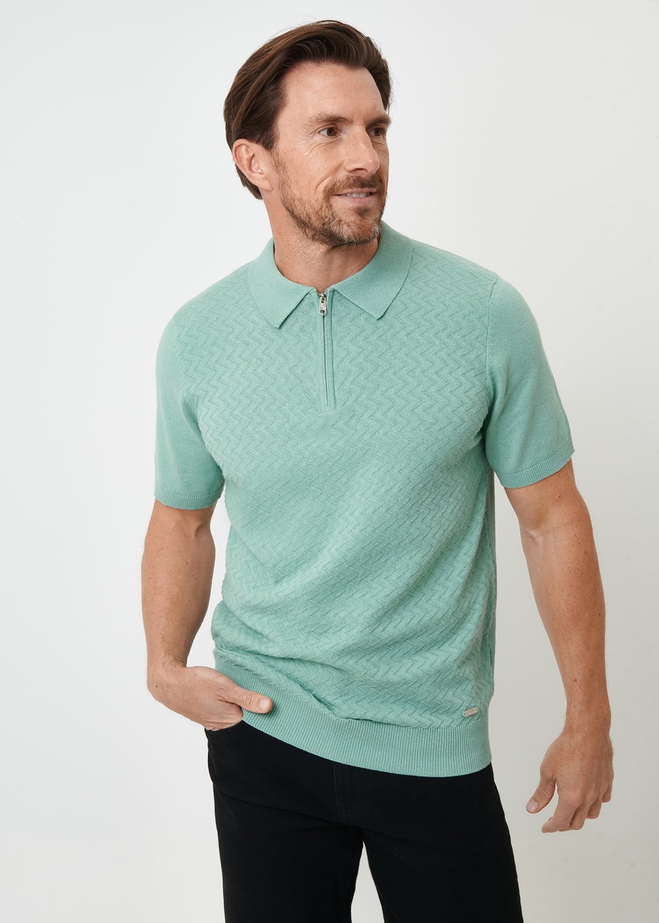 Threadbare Soft Green Textured Front Quarter Zip Knitted Polo